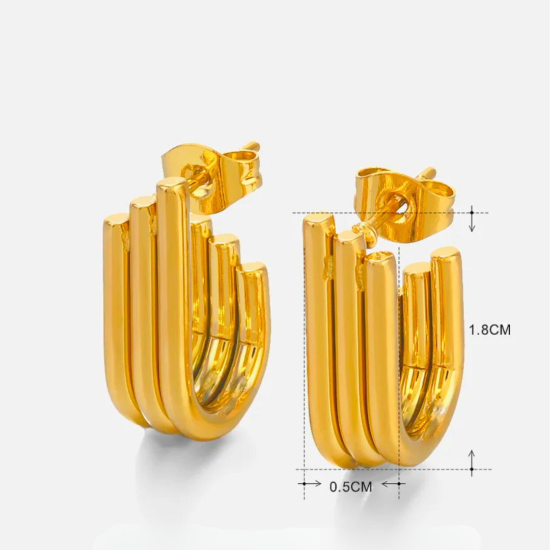 Rosara | Gold Plated Triple Hoop Pipe Bar Studs Stud Earrings