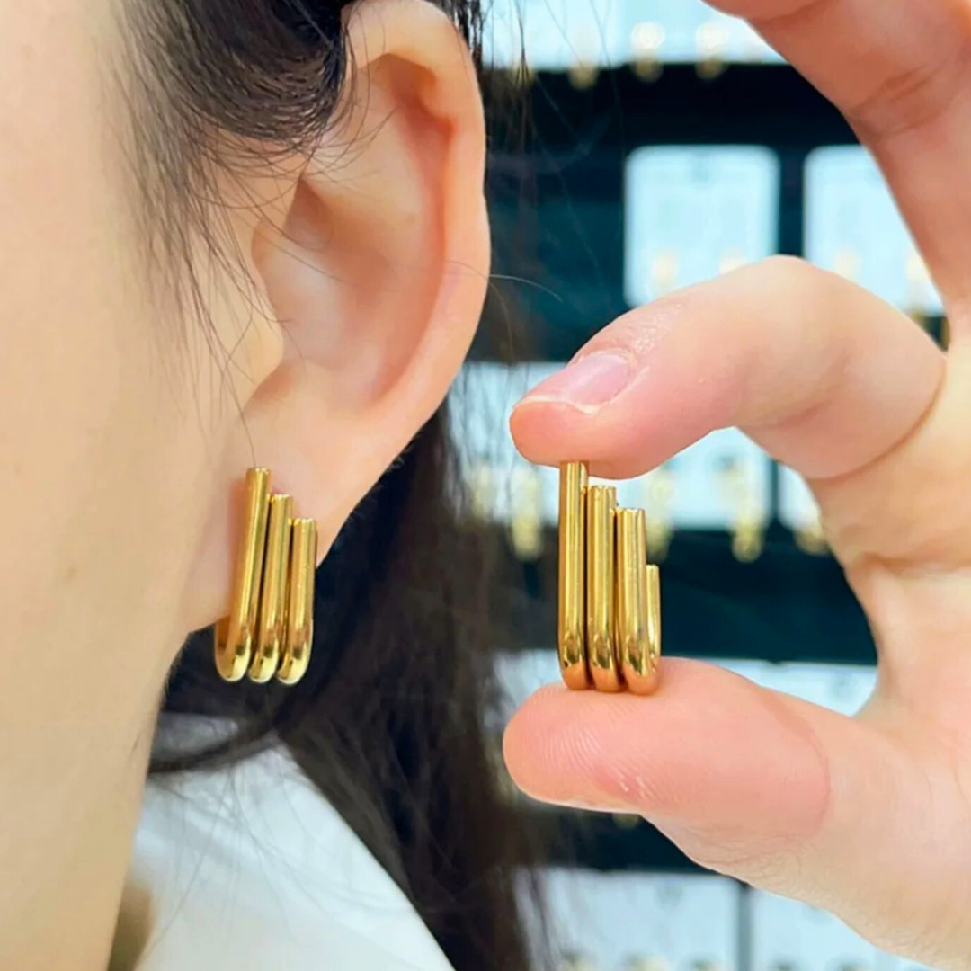 Rosara | Gold Plated Triple Hoop Pipe Bar Studs Stud Earrings
