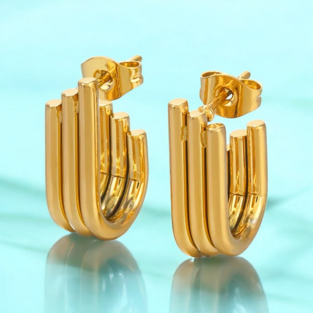 Rosara | Gold Plated Triple Hoop Pipe Bar Studs Stud Earrings