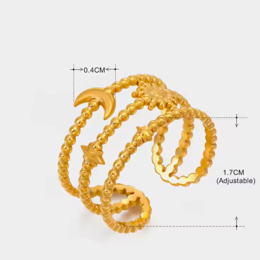 Ruth | Gold Plated Sun Moon Star Open Resizable Ring
