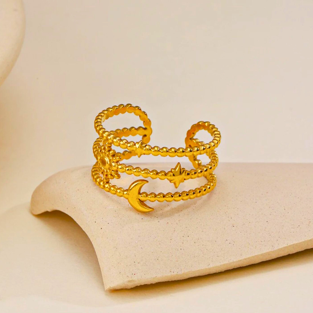 Ruth | Gold Plated Sun Moon Star Open Resizable Ring