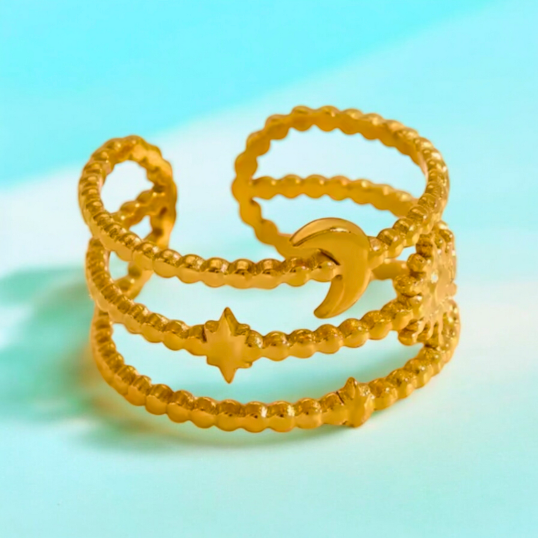 Ruth | Gold Plated Sun Moon Star Open Resizable Ring