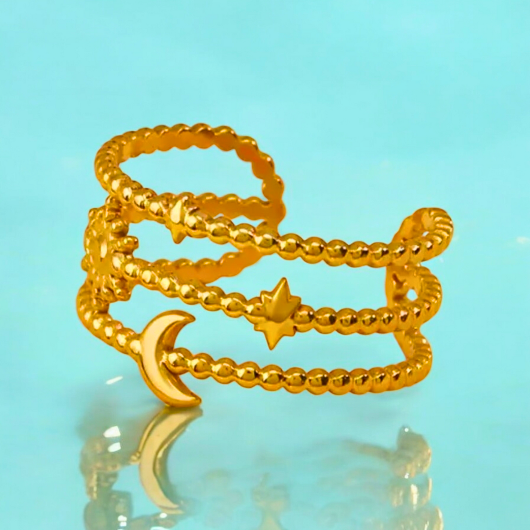 Ruth | Gold Plated Sun Moon Star Open Resizable Ring