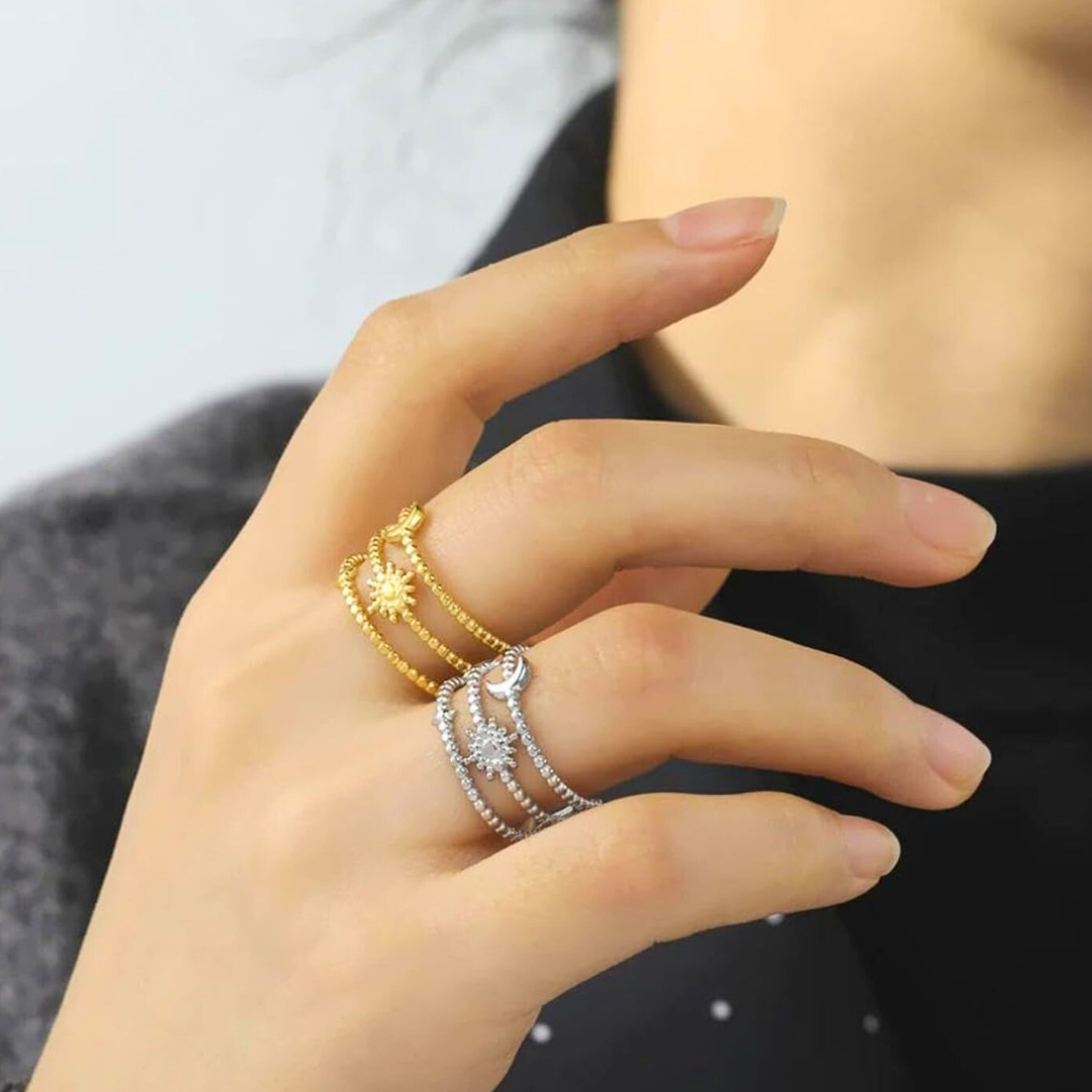 Ruth | Gold Plated Sun Moon Star Open Resizable Ring