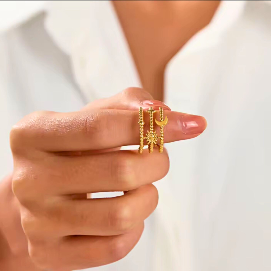 Ruth | Gold Plated Sun Moon Star Open Resizable Ring