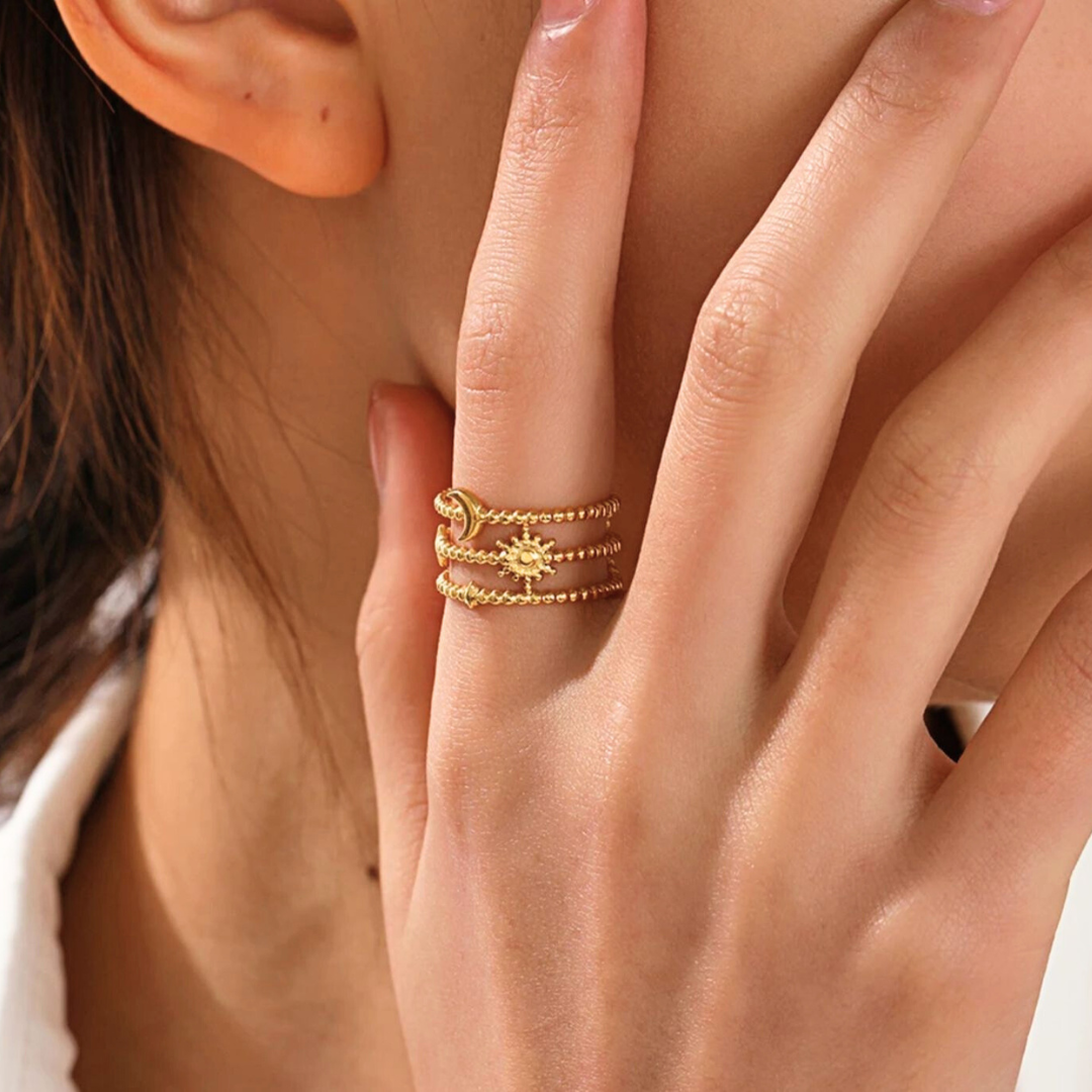 Ruth | Gold Plated Sun Moon Star Open Resizable Ring