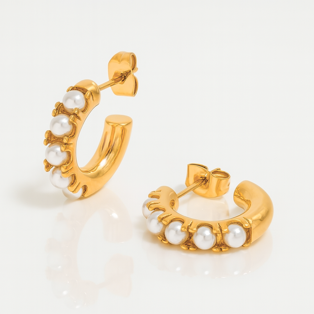 Sharapova | Gold Plated Basic Pearl Huggie Hoops Earrings