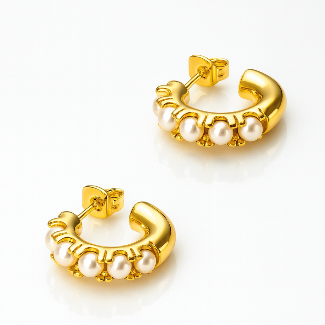 Sharapova | Gold Plated Basic Pearl Huggie Hoops Earrings