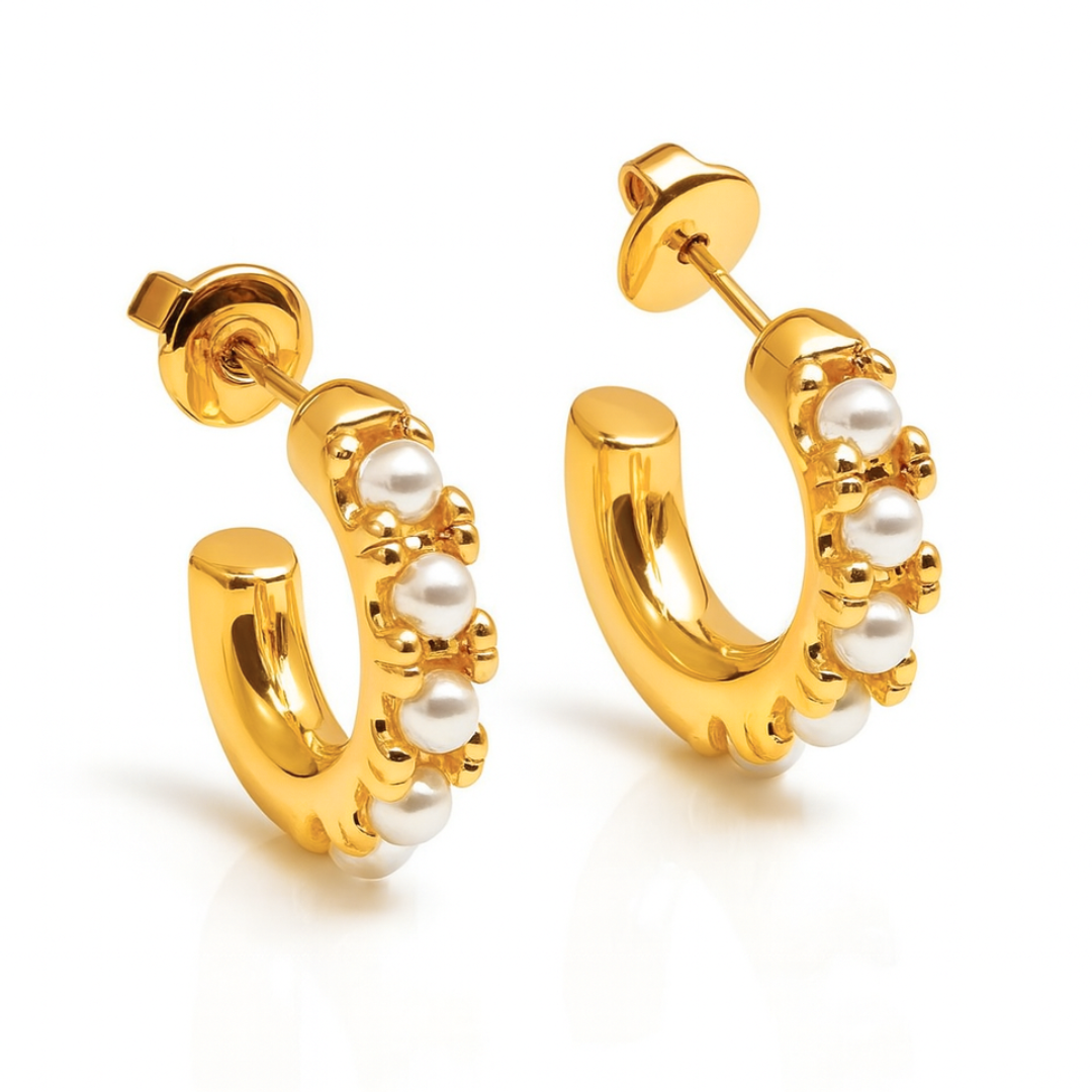 Sharapova | Gold Plated Basic Pearl Huggie Hoops Earrings