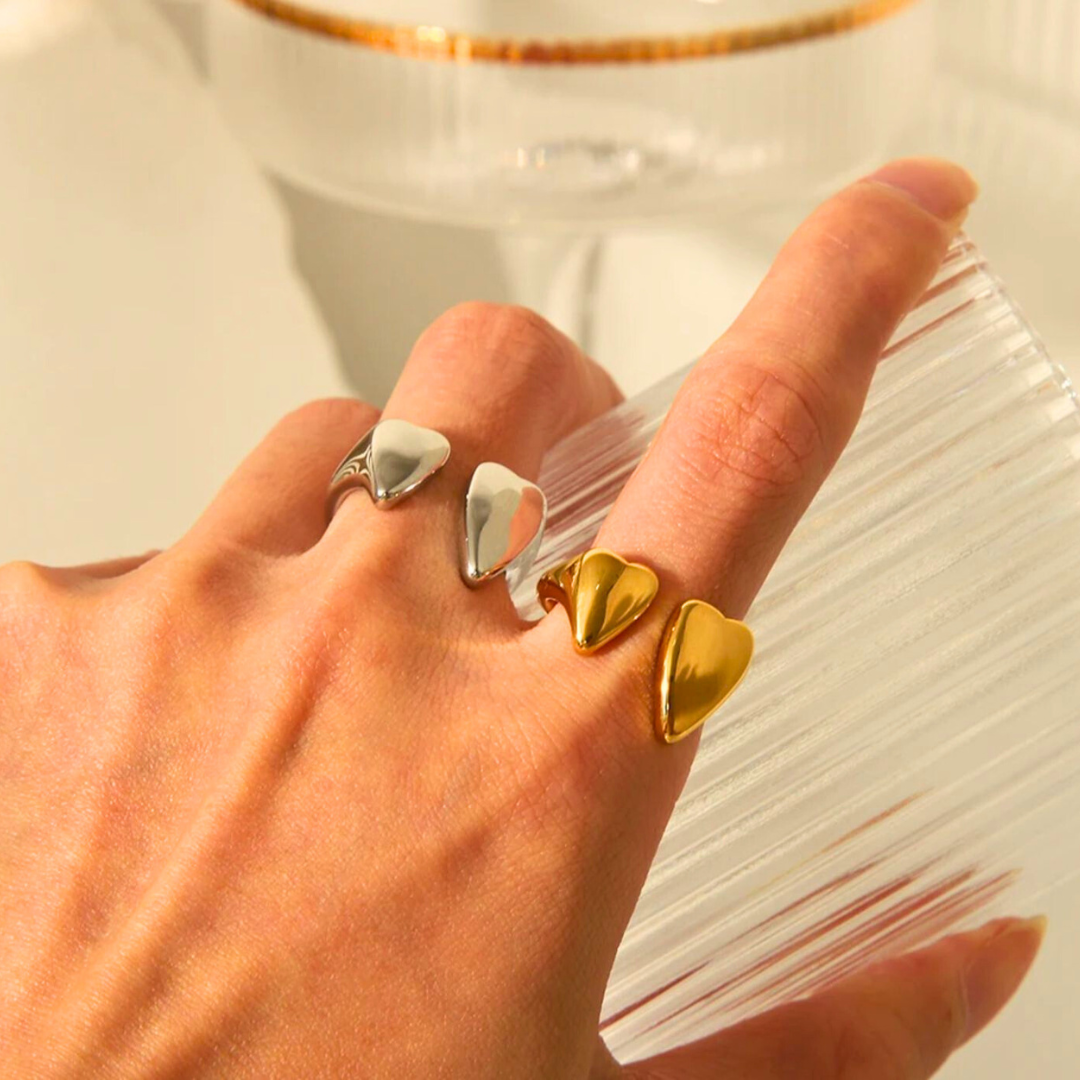 Silvia | Gold Plated Solid Double Heart Open Resizable Ring