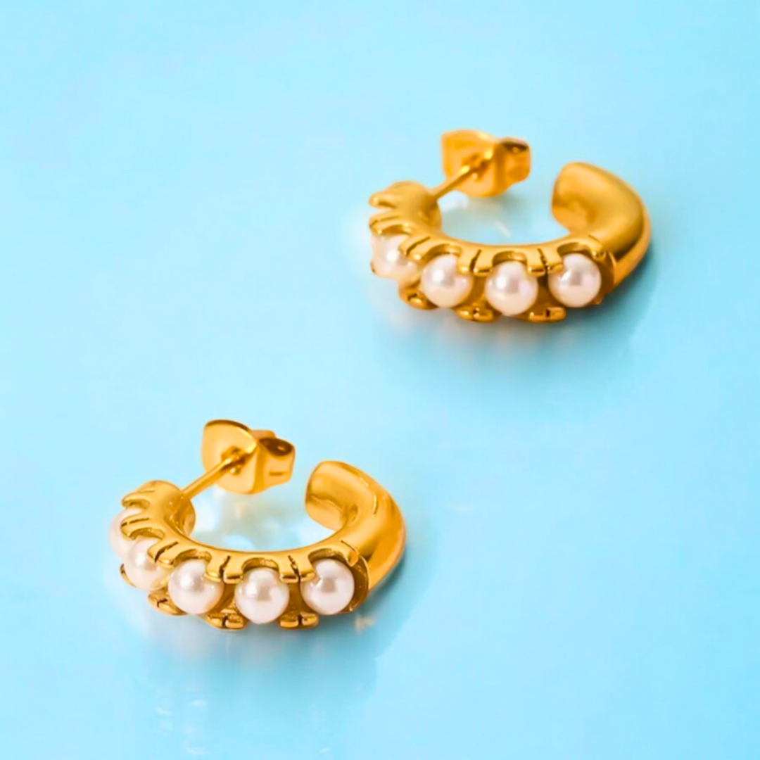 Sharapova | Gold Plated Basic Pearl Huggie Hoops Earrings