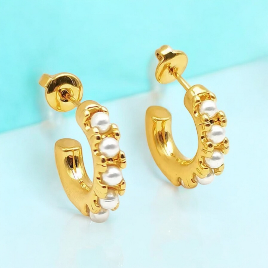 Sharapova | Gold Plated Basic Pearl Huggie Hoops Earrings