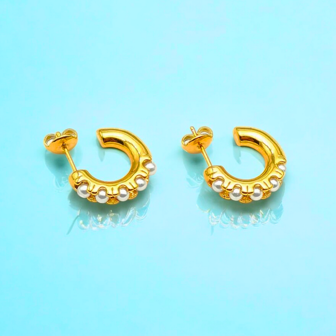 Sharapova | Gold Plated Basic Pearl Huggie Hoops Earrings