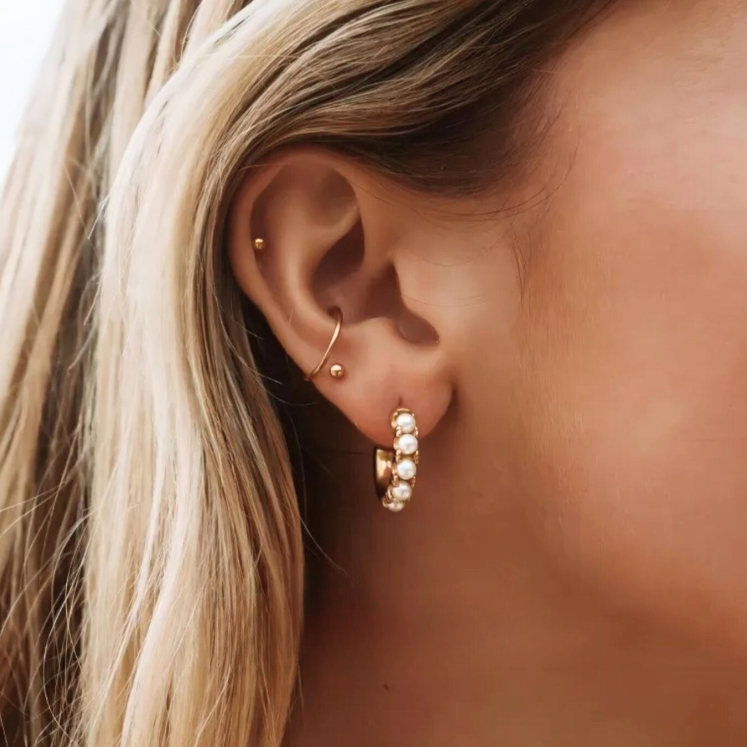 Sharapova | Gold Plated Basic Pearl Huggie Hoops Earrings