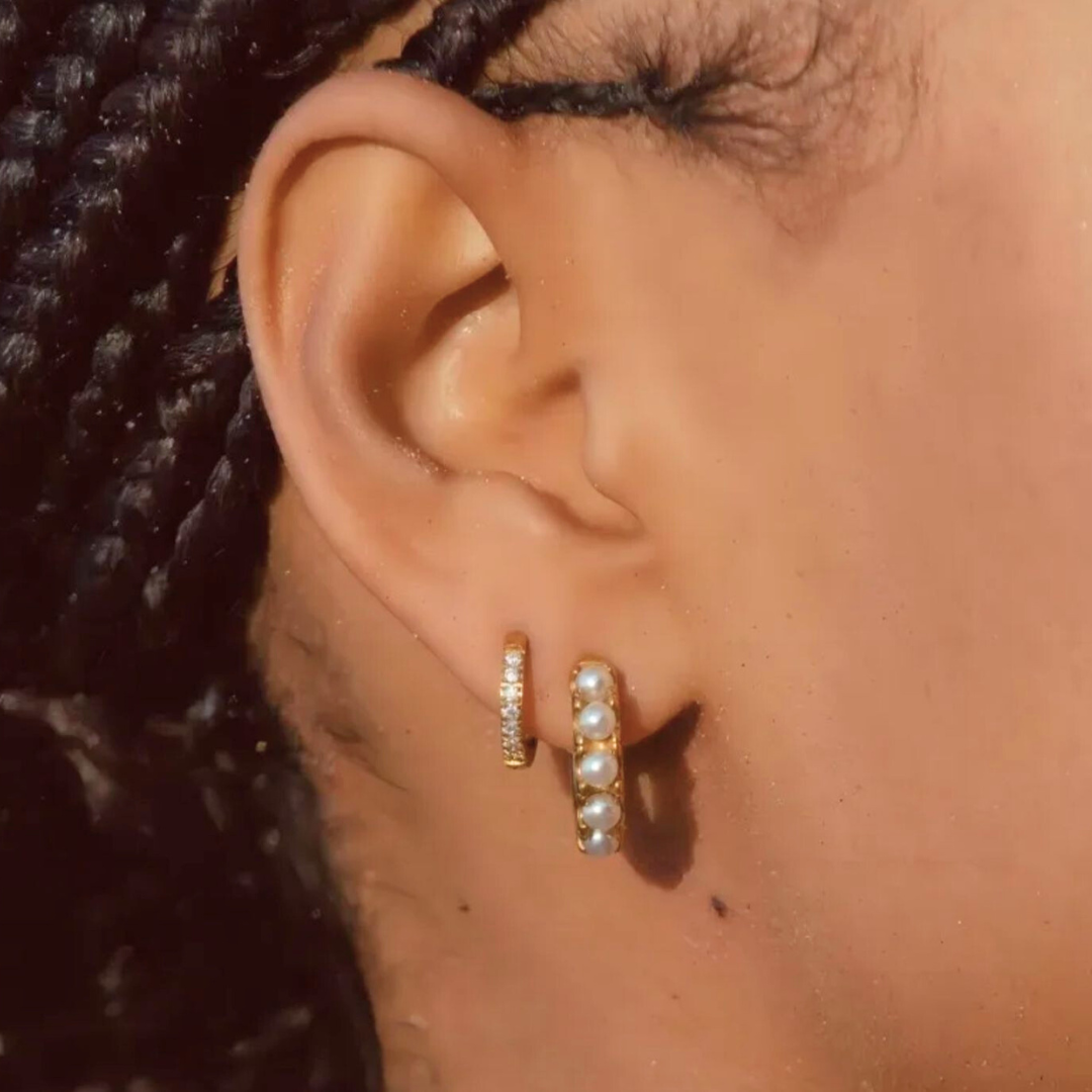 Sharapova | Gold Plated Basic Pearl Huggie Hoops Earrings