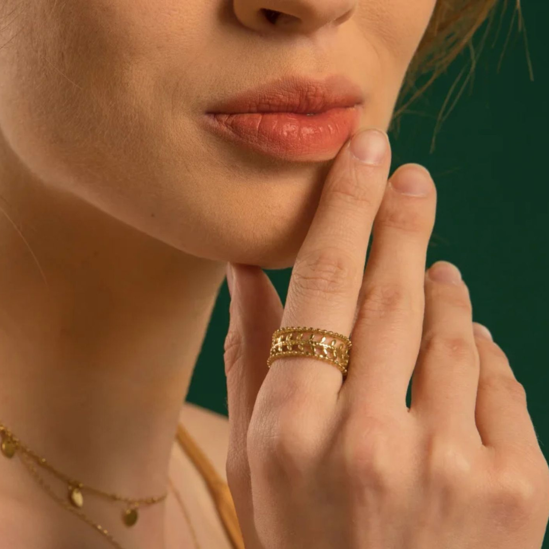 Augustine | Gold Plated Hollow Leaf Resizable Ring
