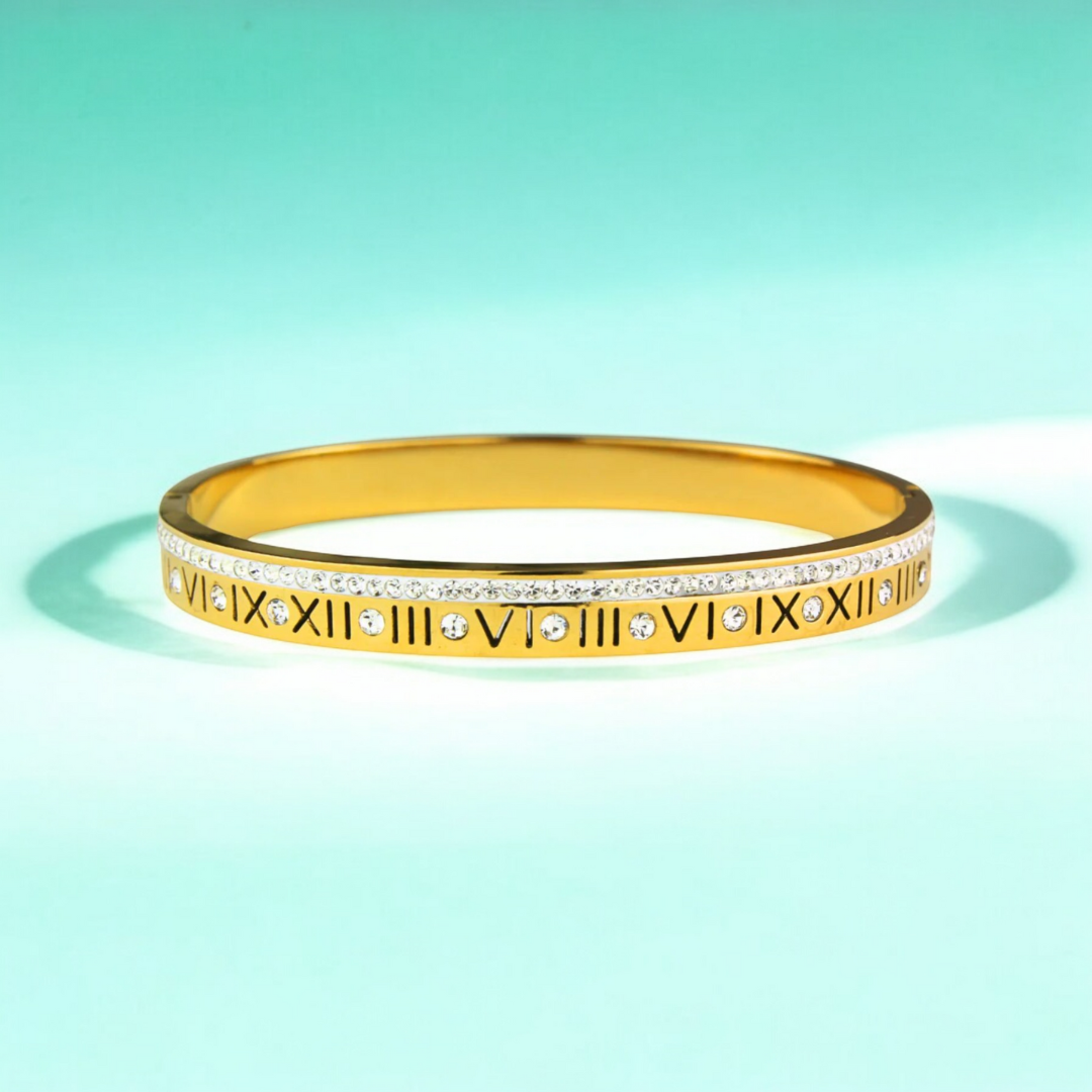Lucia | Gold Plated Roman Numeral Crystal Cuff Bracelet Bangle