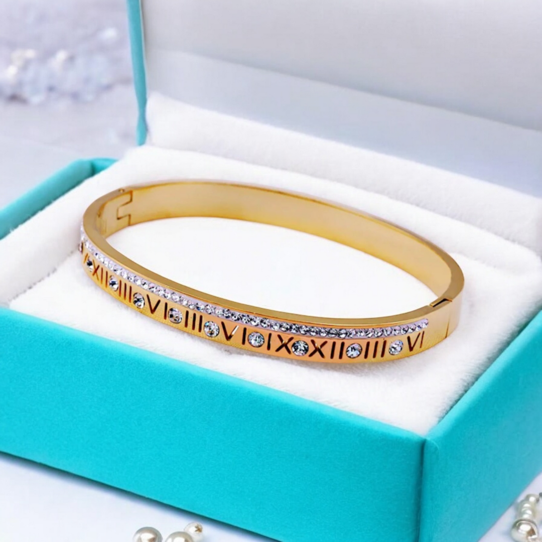 Lucia | Gold Plated Roman Numeral Crystal Cuff Bracelet Bangle