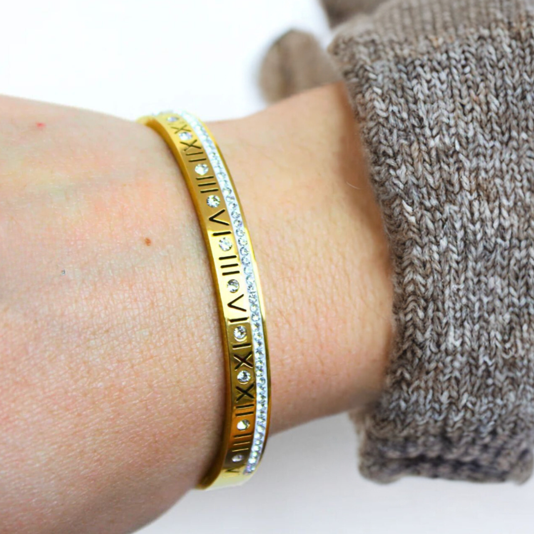 Lucia | Gold Plated Roman Numeral Crystal Cuff Bracelet Bangle