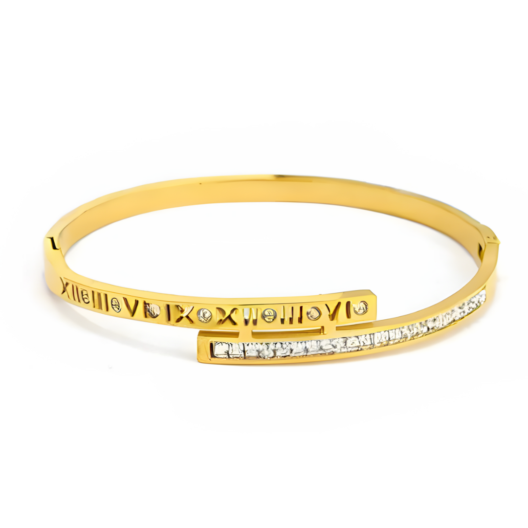 Clarissa | Gold Plated Roman Numeral Crystal Cuff Bracelet Bangle