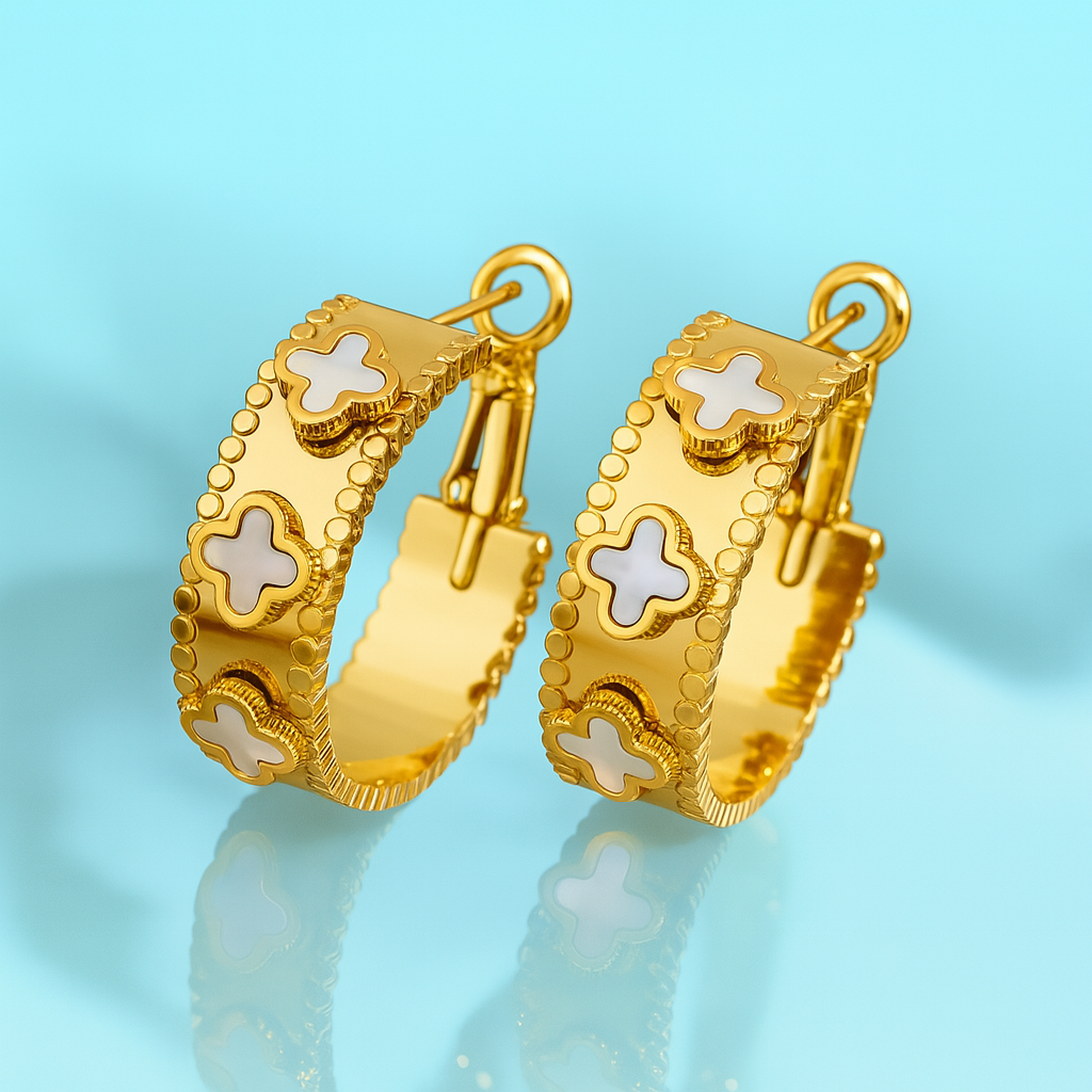 Ariel | Gold-Plated Shell Filled Four Leaf Clover Hoop Earrings