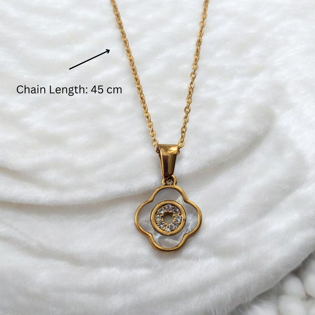 Nina | Gold (18K) Plated Shell Filled Four-Leaf Clover Waterproof Necklace with Zircons