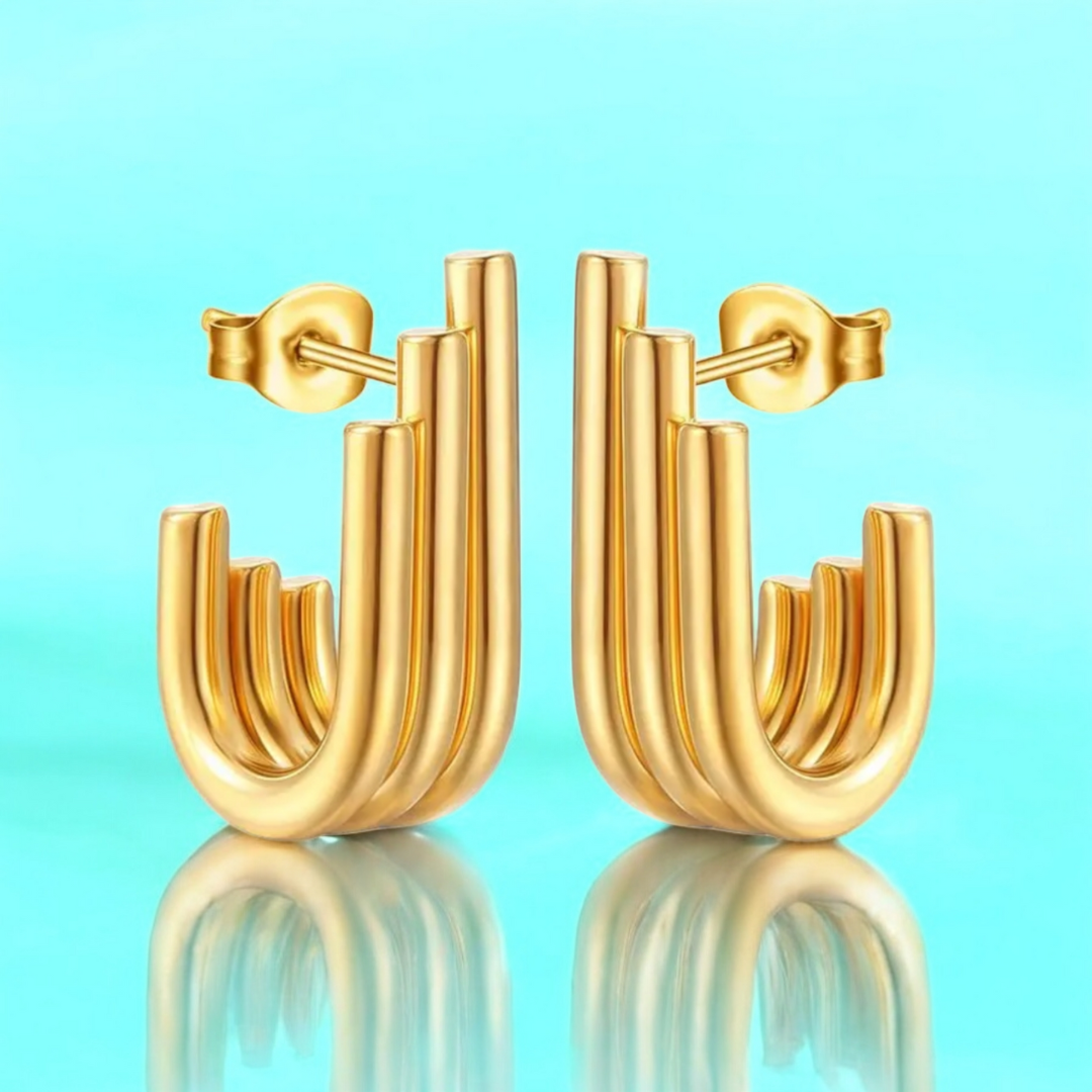 Rosara | Gold Plated Triple Hoop Pipe Bar Studs Stud Earrings