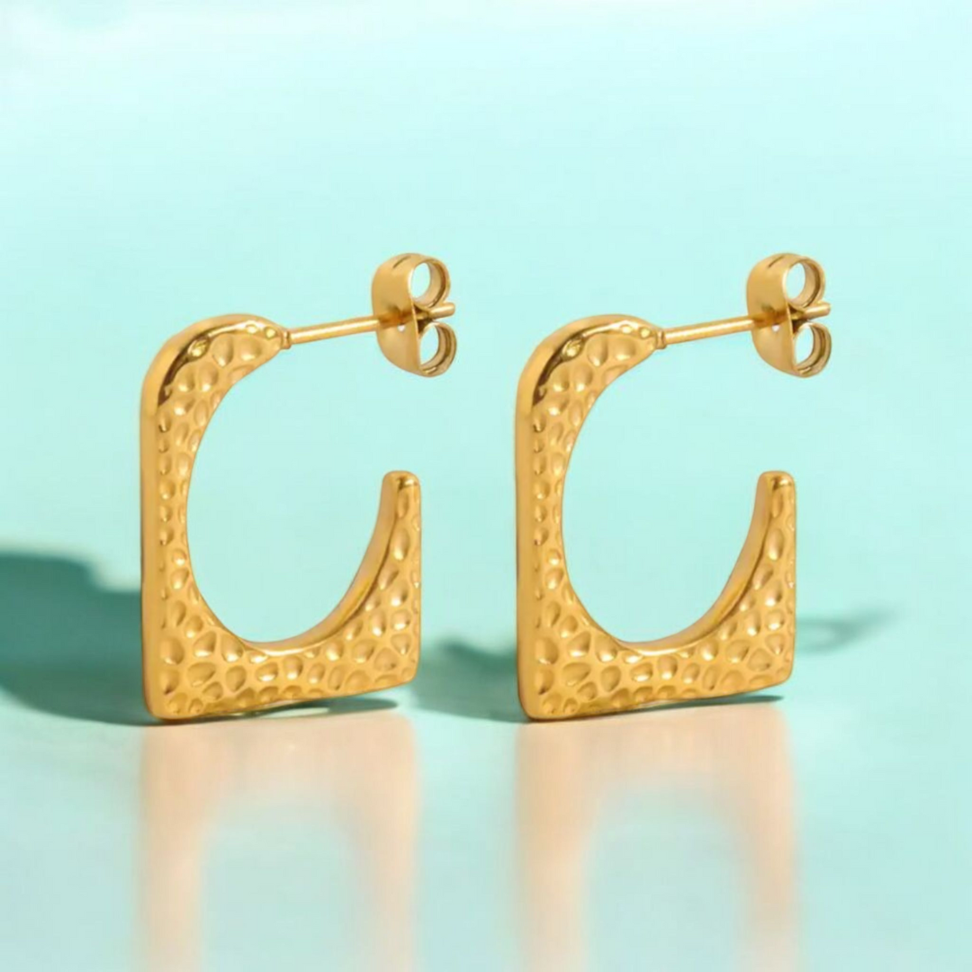 Ellie | 18K Gold Plated Hammered Square Dangle Hoop Waterproof Earrings