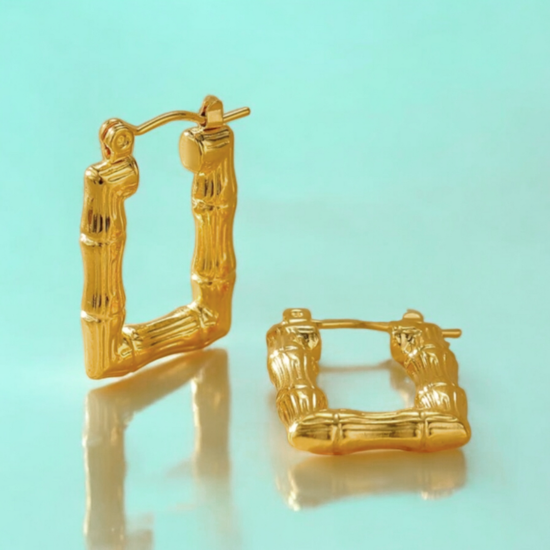 Daphne | Gold Plated Bamboo Design Rectangular Hoop Earrings