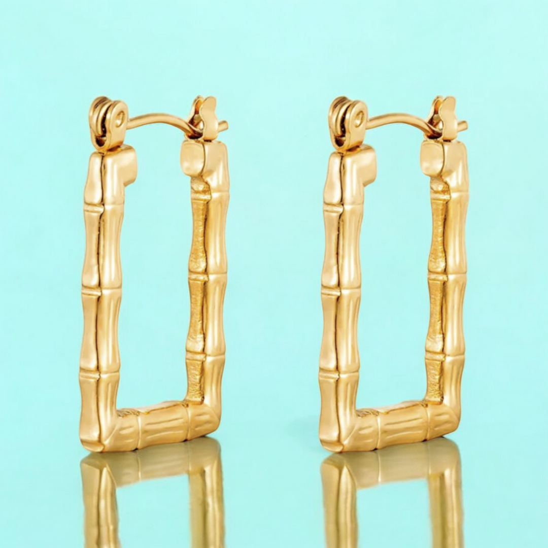 Daphne | Gold Plated Bamboo Design Rectangular Hoop Earrings