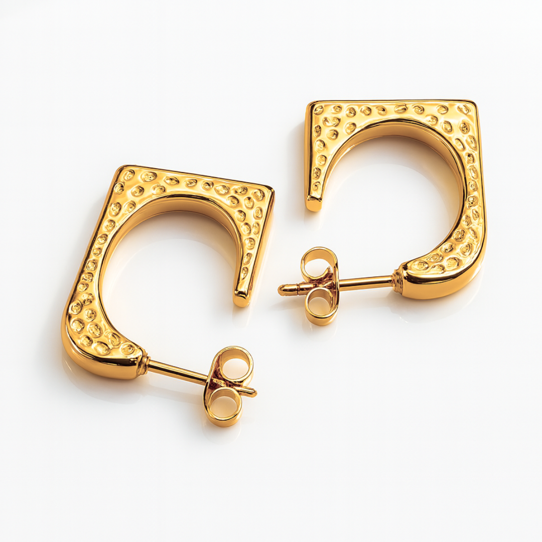 Ellie | 18K Gold Plated Hammered Square Dangle Hoop Waterproof Earrings