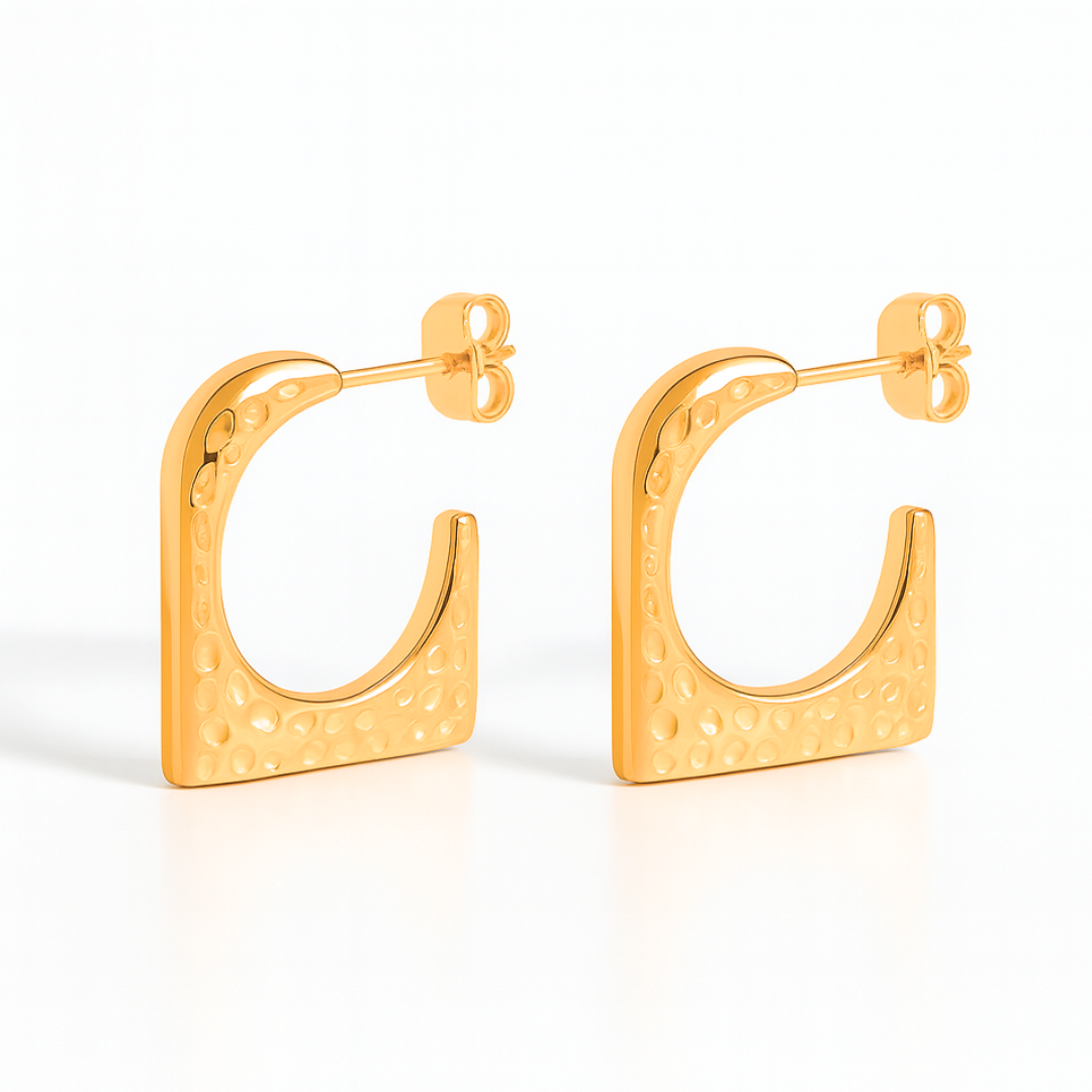 Ellie | 18K Gold Plated Hammered Square Dangle Hoop Waterproof Earrings