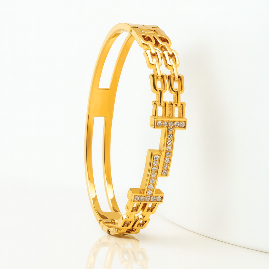 Tamara | 18K Double T Gold Plated Waterproof Bracelet Bangle with Zircons