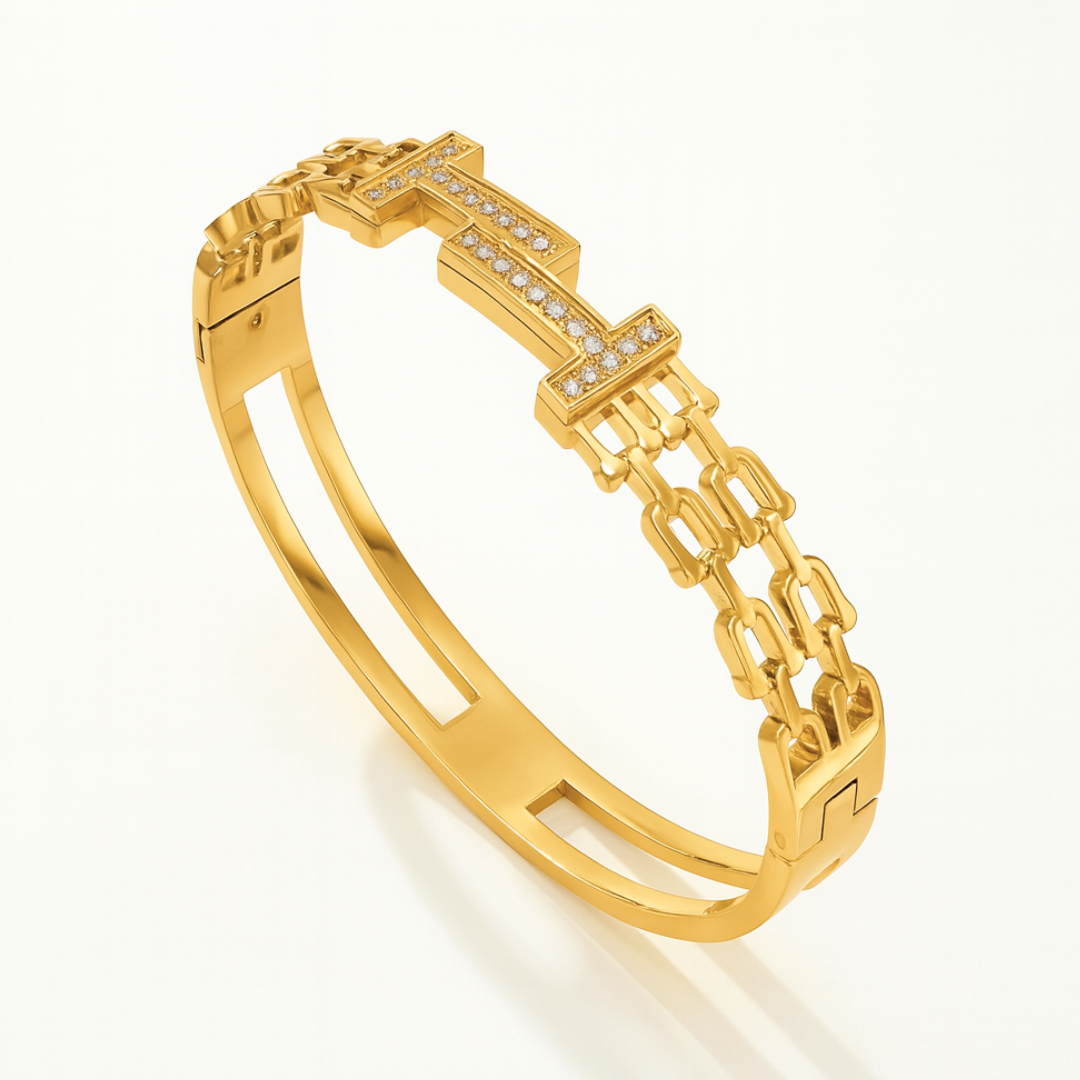 Tamara | 18K Double T Gold Plated Waterproof Bracelet Bangle with Zircons