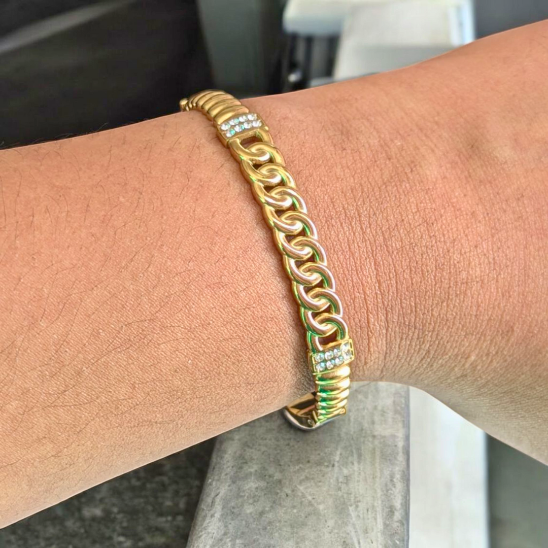Deanna | Gold Plated Braided Inter-Linked Cuff Bangle Bracelet with Zircons