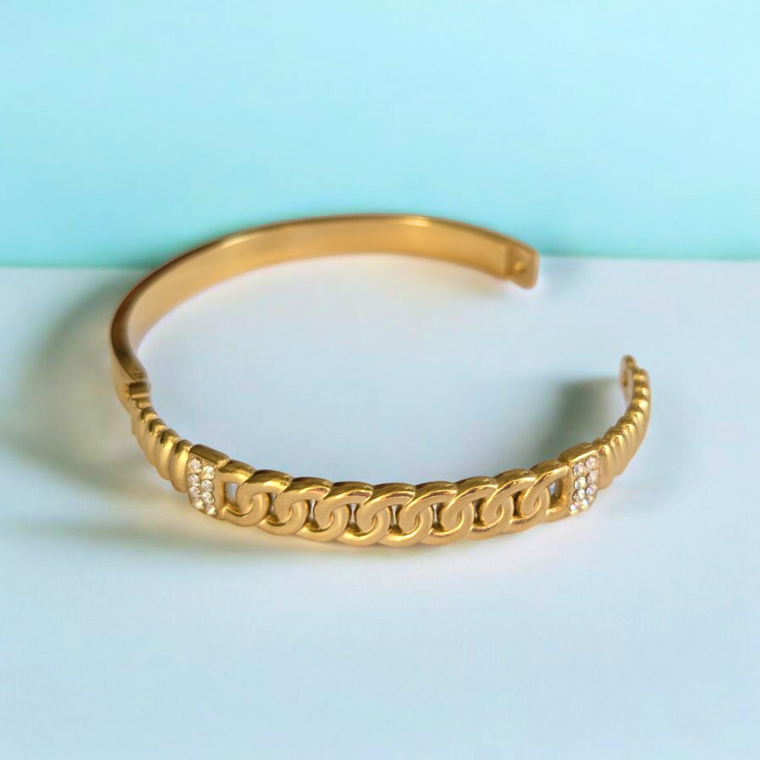 Deanna | Gold Plated Braided Inter-Linked Cuff Bangle Bracelet with Zircons