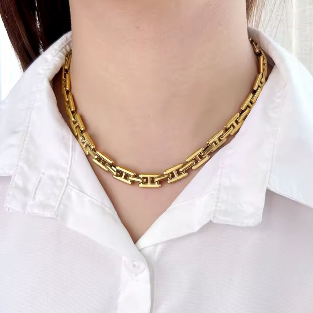Beatrice | Gold (18K) Bar Link/Cuban Link Chunky Waterproof Chain Necklace