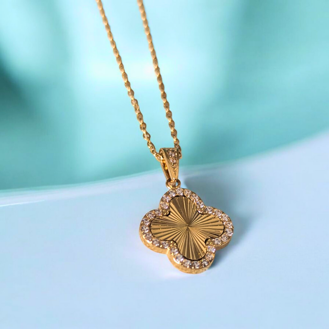 Clover Necklace - 18K Gold Plated Textured Four-Leaf Pendant Waterproof Chain