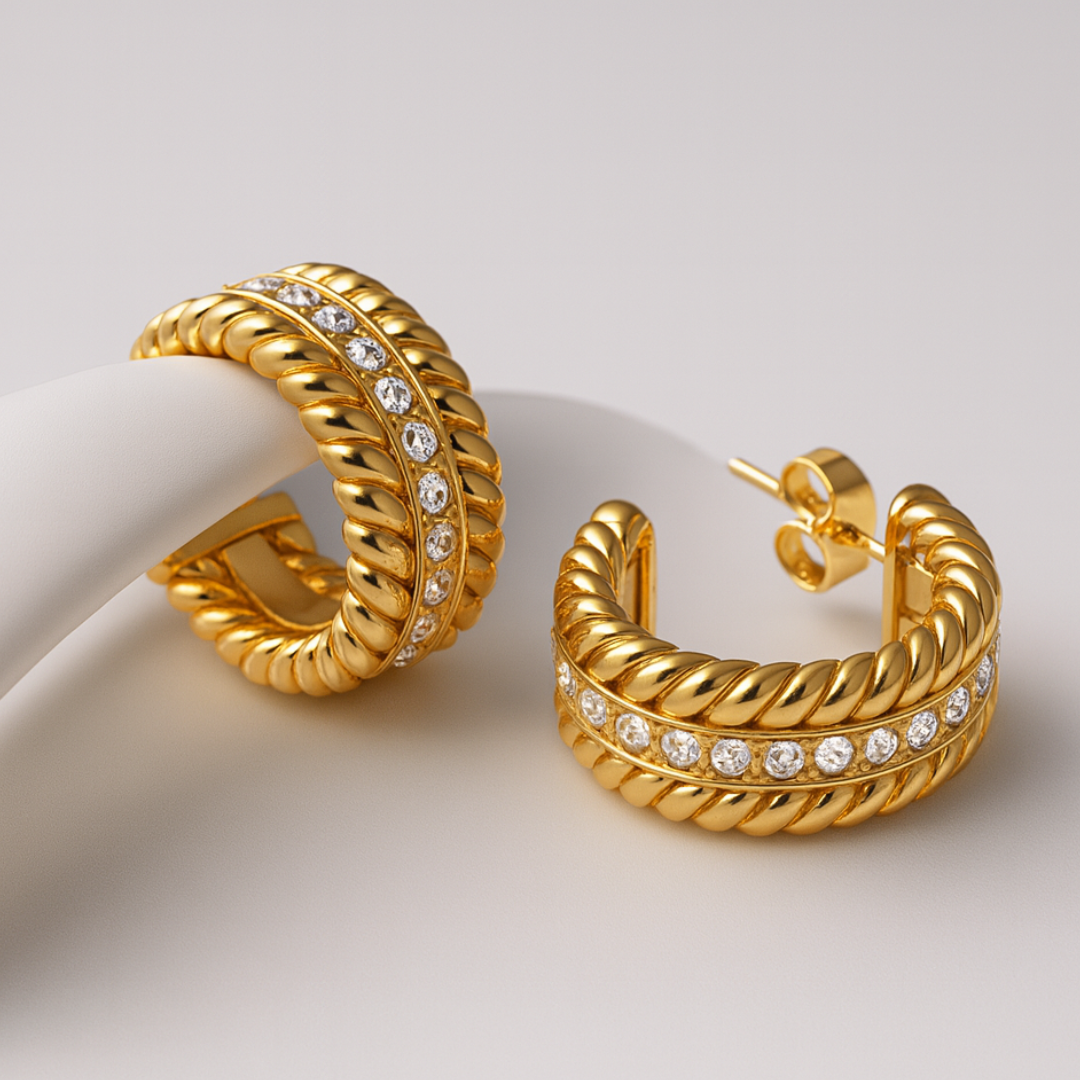 Mirra | Gold (18K) Plated C-Shaped Waterproof Hoop Earrings with Zircons