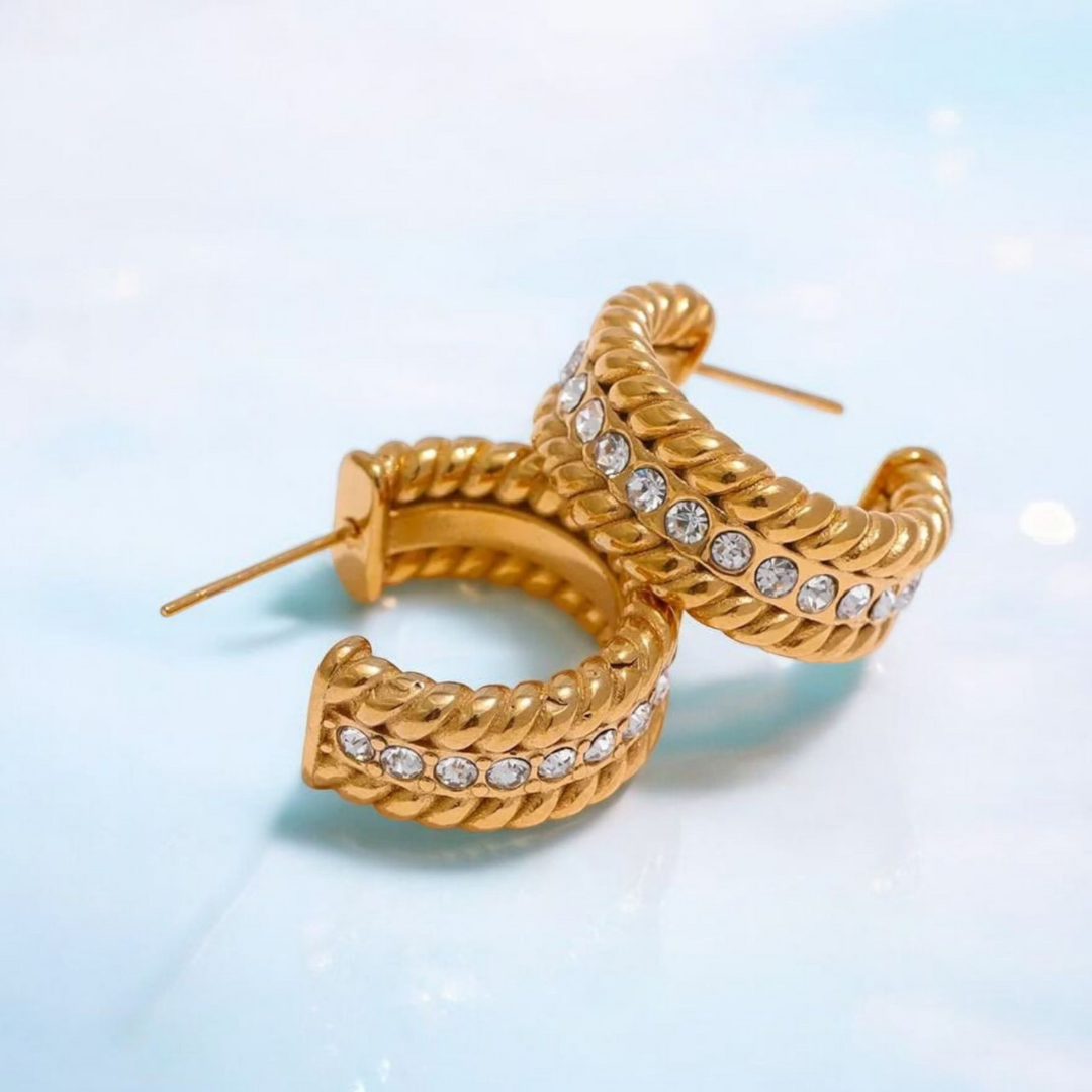 Mirra | Gold (18K) Plated C-Shaped Waterproof Hoop Earrings with Zircons