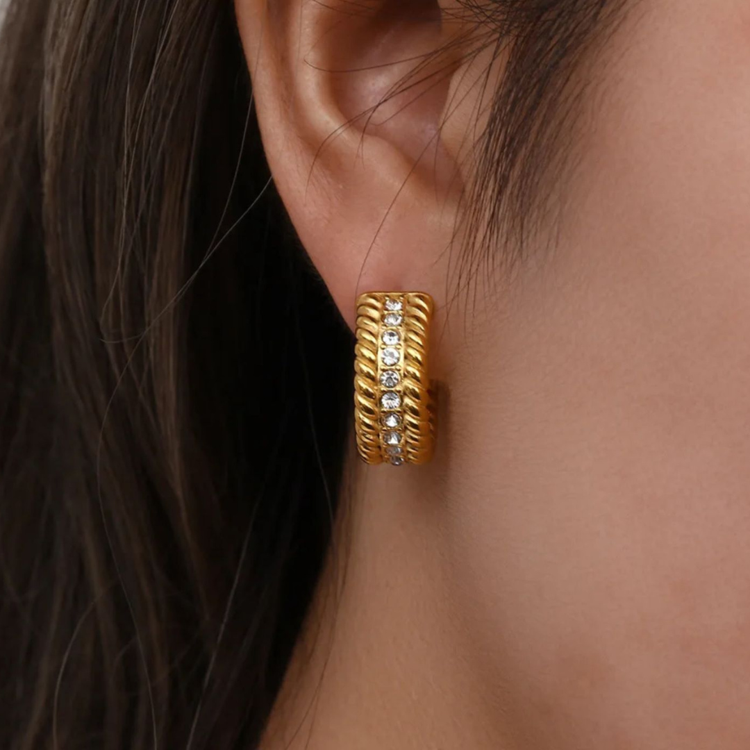 Mirra | Gold (18K) Plated C-Shaped Waterproof Hoop Earrings with Zircons