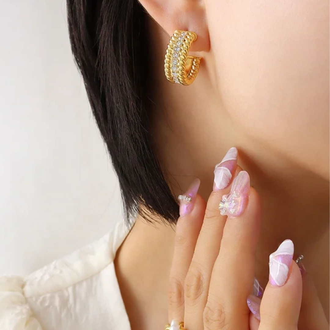 Mirra | Gold (18K) Plated C-Shaped Waterproof Hoop Earrings with Zircons