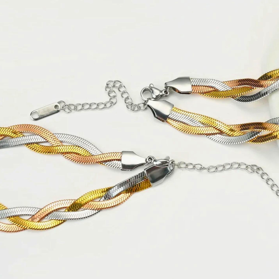 Alexandra | Gold and Tri-Color Plated Braided Weaved Snake Chain Bracelet