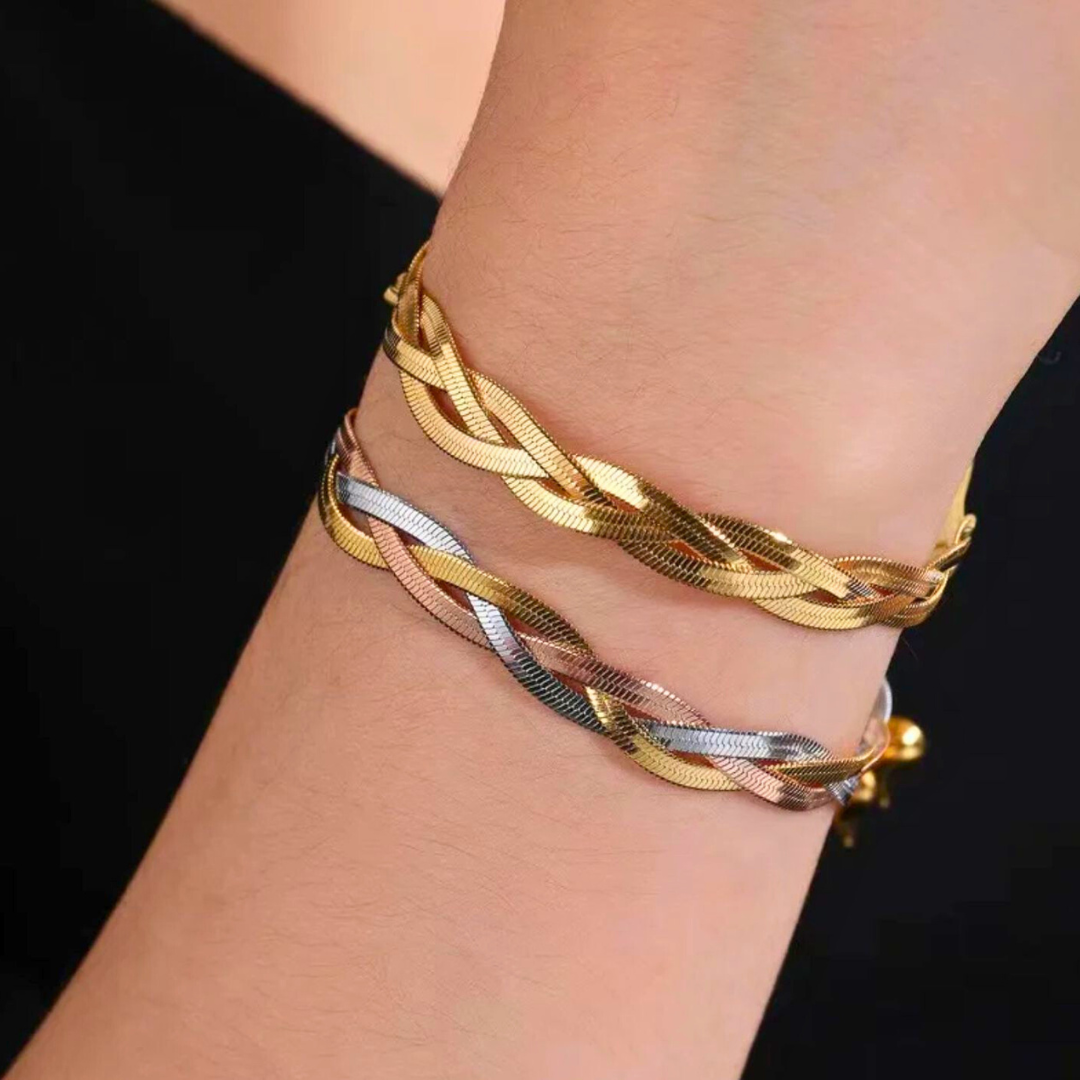 Alexandra | Gold and Tri-Color Plated Braided Weaved Snake Chain Bracelet