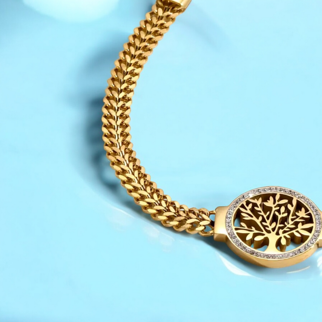 Celia | Gold Plated Tree of Life Crystal Cuban Link Chunky Necklace