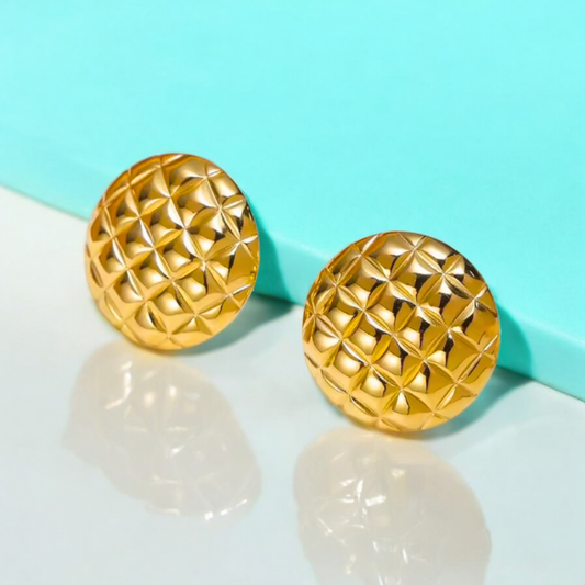 Lunette | Gold Plated Round Checkered Rhombus Stud Earrings