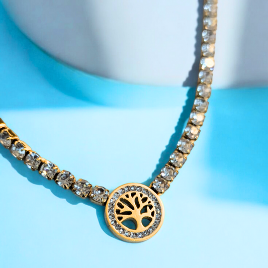 Cambria | Gold Plated Tree of Life Waterproof Tennis Necklace with Zircons