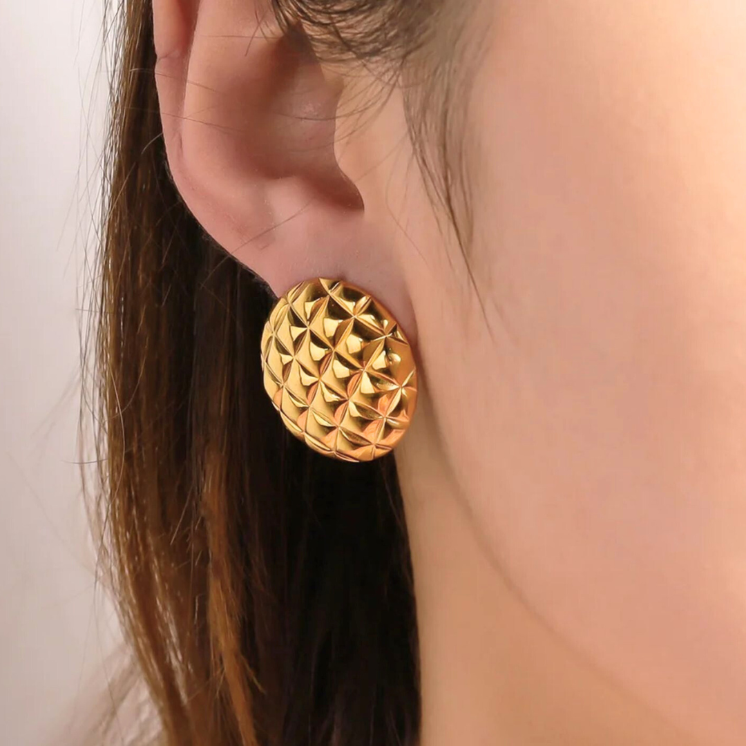 Lunette | Gold Plated Round Checkered Rhombus Stud Earrings