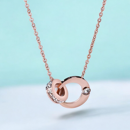 Lyra | Rose Gold Plated Double Interlocking Circles Pendant Necklace with Zircons