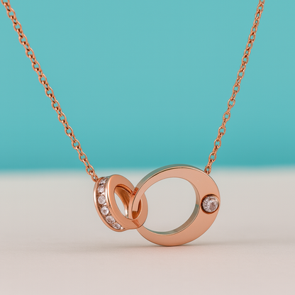 Lyra | Rose Gold (18k) Plated Double Interlocking Circles Pendant Waterproof Necklace with Zircons